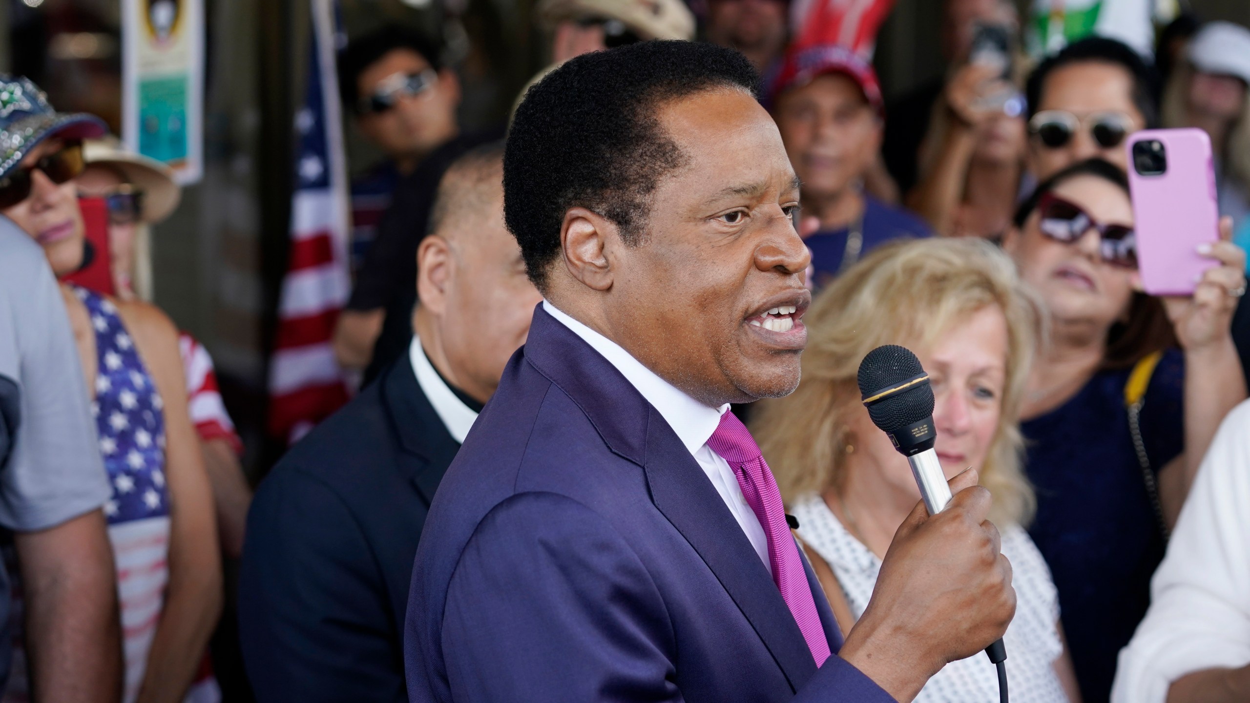 In this July 13, 2021, file photo, conservative radio talk show host Larry Elder speaks to supporters during a campaign stop in Norwalk, Calif. (AP Photo/Marcio Jose Sanchez, File)