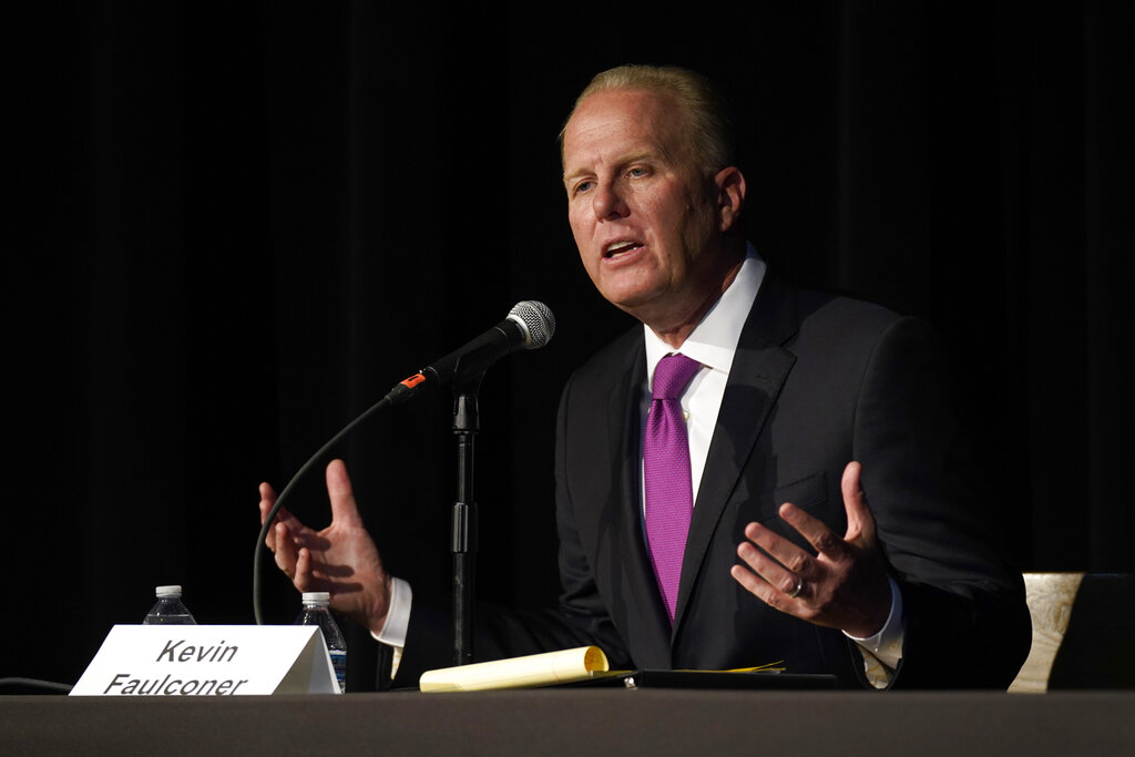 Republican gubernatorial recall candidate, former San Diego Mayor Kevin Faulconer, responds to a question during a debate held by the Sacramento Press Club in Sacramento, Calif., Tuesday, Aug. 17, 2021. (AP Photo/Rich Pedroncelli)