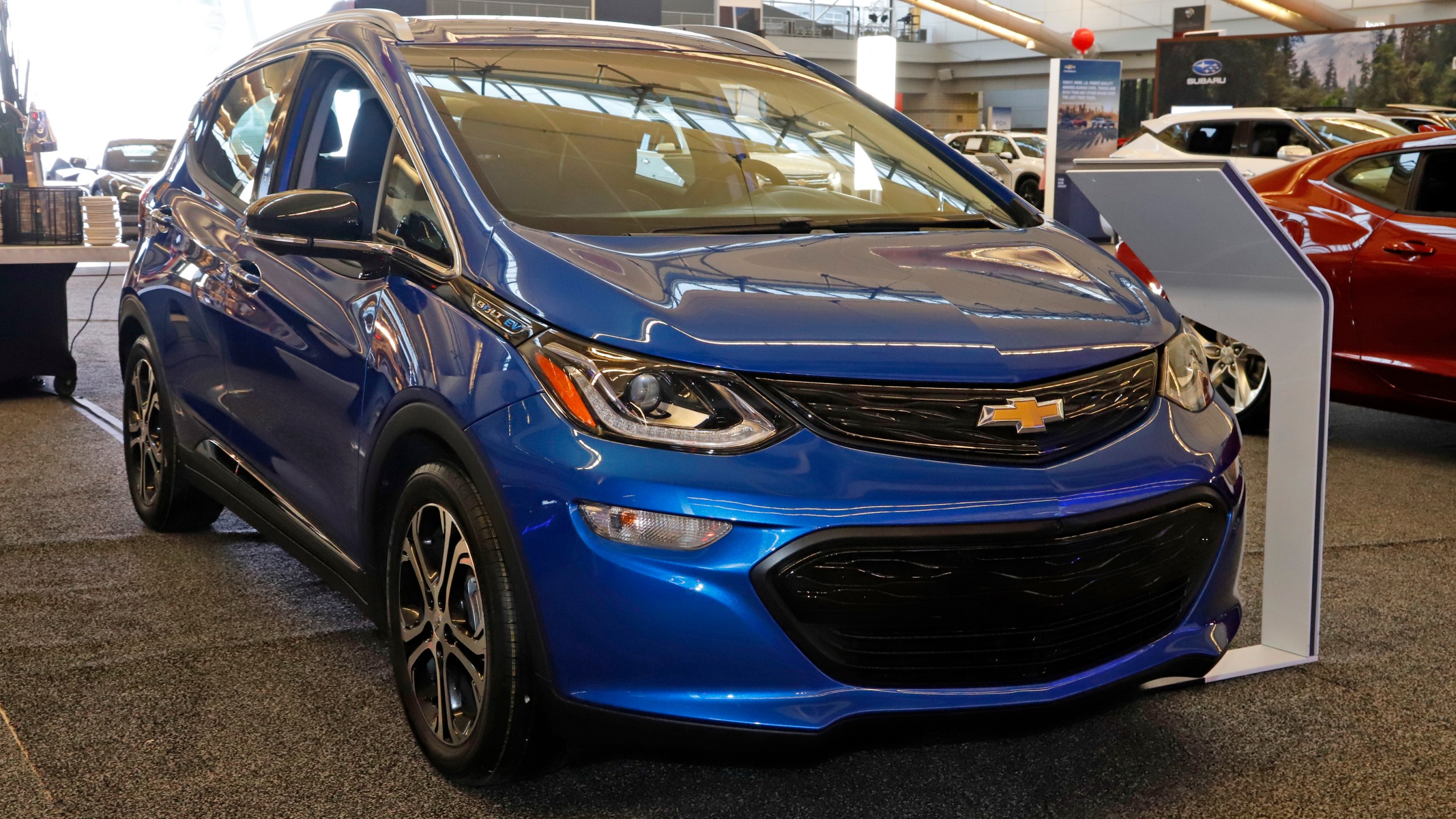 This Feb. 13, 2020 file photo shows a 2020 Chevrolet Bolt EV on display at the 2020 Pittsburgh International Auto Show. (Gene J. Puskar/Associated Press)