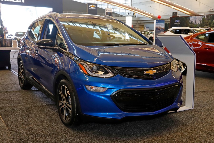 This Feb. 13, 2020 file photo shows a 2020 Chevrolet Bolt EV on display at the 2020 Pittsburgh International Auto Show. (Gene J. Puskar/Associated Press)