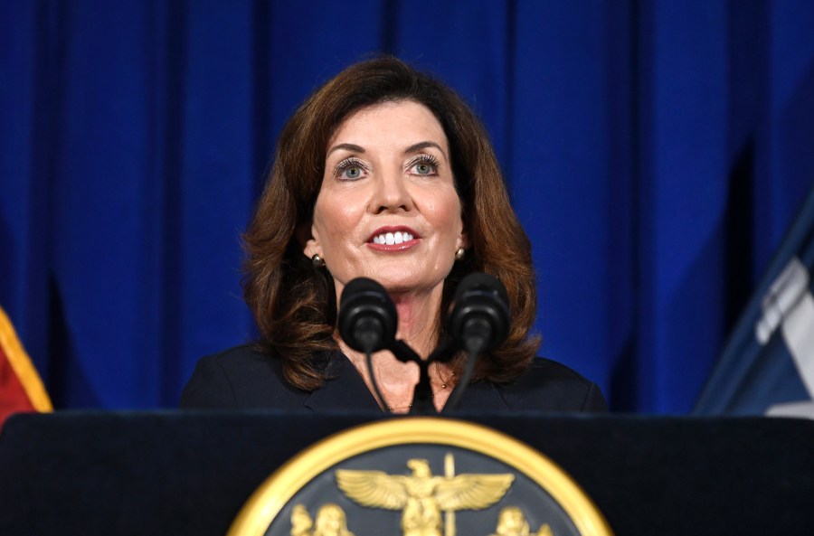 New York Lt. Gov. Kathy Hochul gives a news conference at the state Capitol on Wednesday, Aug. 11, 2021, in Albany, N.Y. Taking over on short notice for a scandal-plagued predecessor in the midst of the coronavirus pandemic, Hochul began her tenure as New York governor Tuesday, Aug. 24 with more than enough challenges for a new administration. She also began with a historic opportunity: Hochul is the first woman to hold one of the most prominent governorships in the U.S. (AP Photo/Hans Pennink, File)