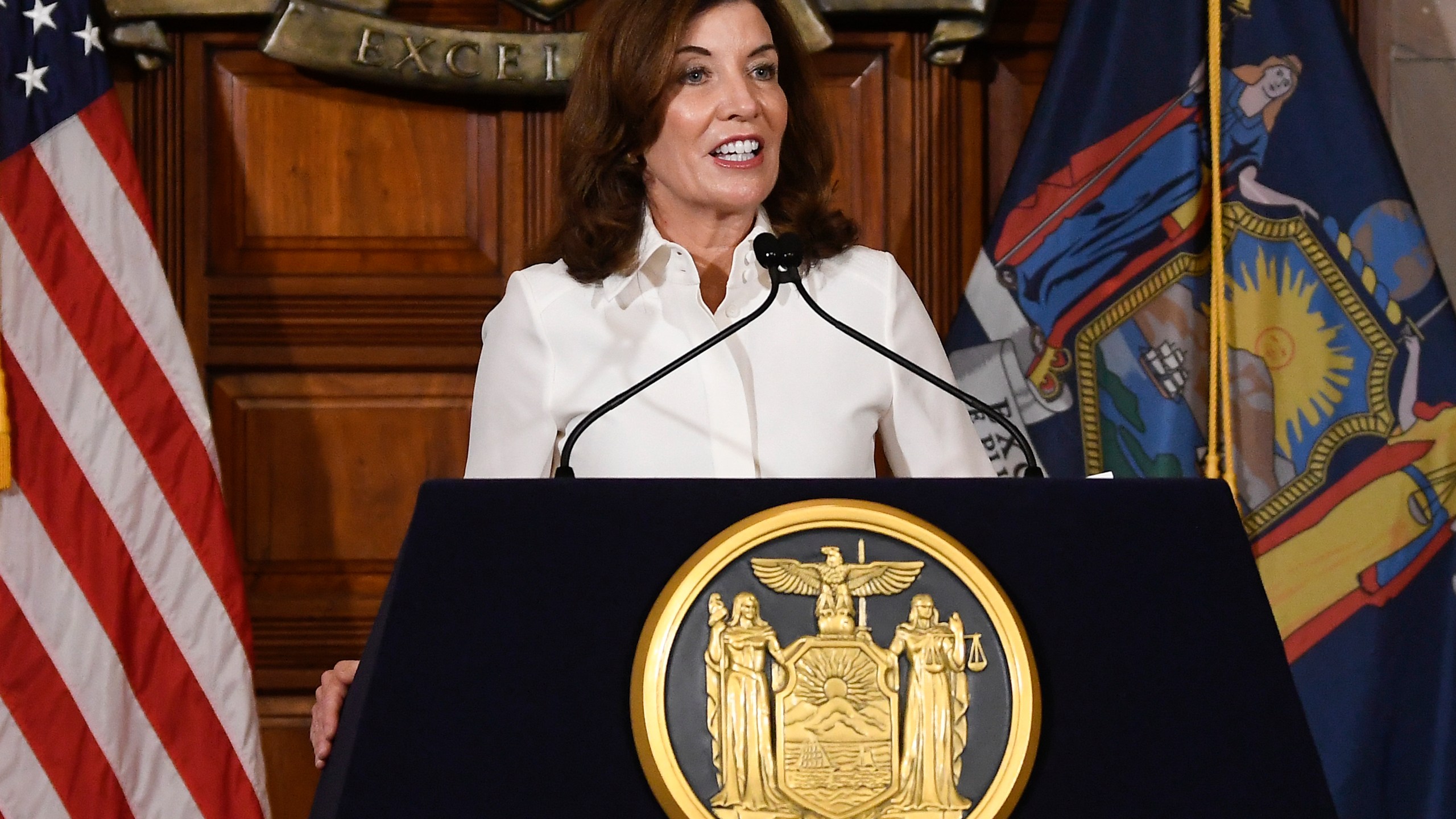 New York Gov. Kathy Hochul speaks to reporters after a ceremonial swearing-in ceremony at the state Capitol, Tuesday, Aug. 24, 2021, in Albany, N.Y. (AP Photo/Hans Pennink)