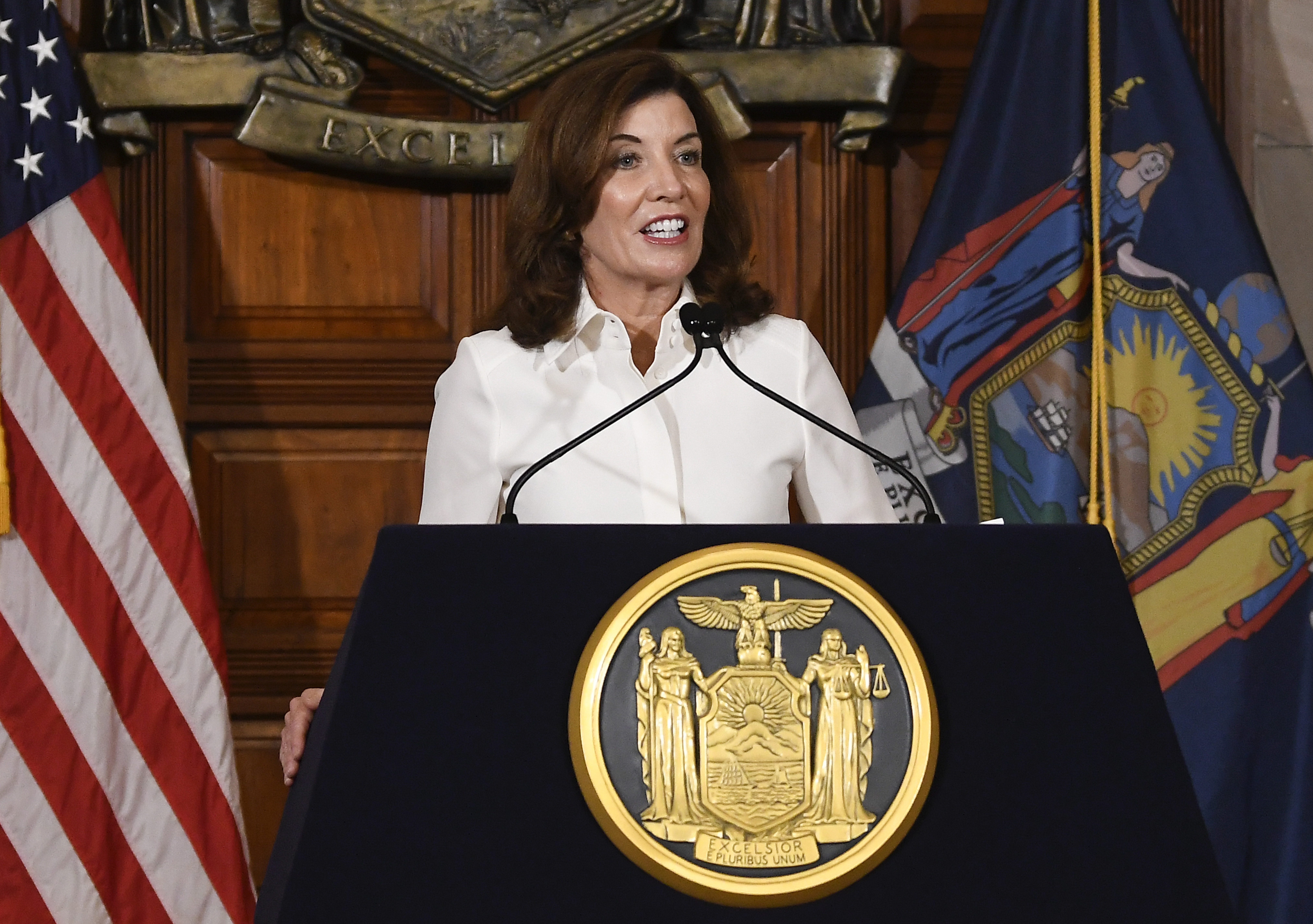 New York Gov. Kathy Hochul speaks to reporters after a ceremonial swearing-in ceremony at the state Capitol, Tuesday, Aug. 24, 2021, in Albany, N.Y. (AP Photo/Hans Pennink)