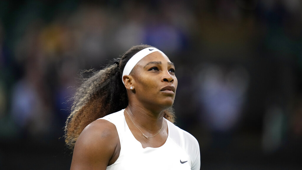 Serena Williams of the US plays Aliaksandra Sasnovich of Belarus for the women's singles first round match on day two of the Wimbledon Tennis Championships in London, Tuesday June 29, 2021. (AP Photo/Kirsty Wigglesworth, file)