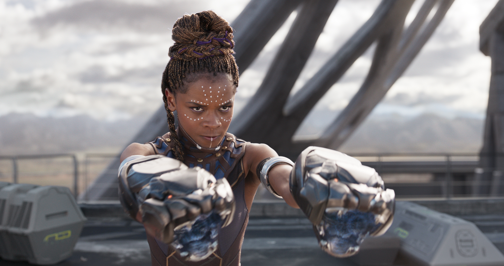 This image released by Marvel Studios shows Letitia Wright in a scene from "Black Panther." Wright is being treated in a hospital after sustaining minor injuries on the Boston set of “Wakanda Forever.” (Matt Kennedy/Disney/Marvel Studios via Associated Press)