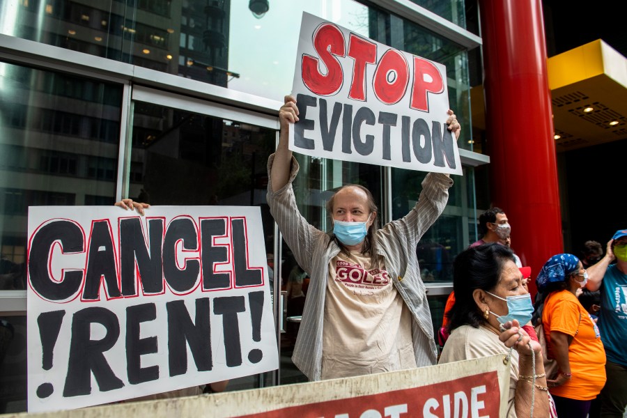 Housing advocates protest on the eviction moratorium in New York on Aug. 4, 2021. (Brittainy Newman / Associated Press)