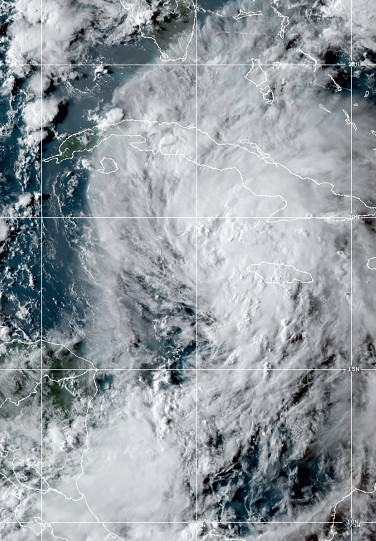 This OES-16 East GeoColor satellite image taken Thursday, Aug. 26, 2021, at 10:20 p.m. EDT, and provided by NOAA, shows Tropical Storm Ida in the Caribbean Sea. Tropical Storm Ida formed in the Caribbean on Thursday and forecasters said its track was aimed at the U.S. Gulf Coast, prompting Louisiana's governor to declare a state of emergency and forecasters to announce a hurricane watch for New Orleans. (NOAA via AP)