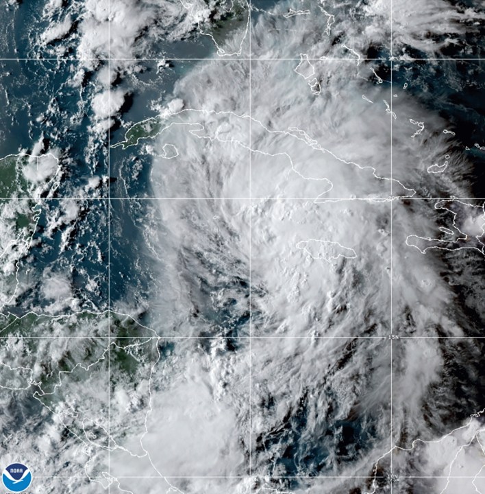 This OES-16 East GeoColor satellite image taken Thursday, Aug. 26, 2021, at 10:20 p.m. EDT, and provided by NOAA, shows Tropical Storm Ida in the Caribbean Sea. Tropical Storm Ida formed in the Caribbean on Thursday and forecasters said its track was aimed at the U.S. Gulf Coast, prompting Louisiana's governor to declare a state of emergency and forecasters to announce a hurricane watch for New Orleans. (NOAA via AP)