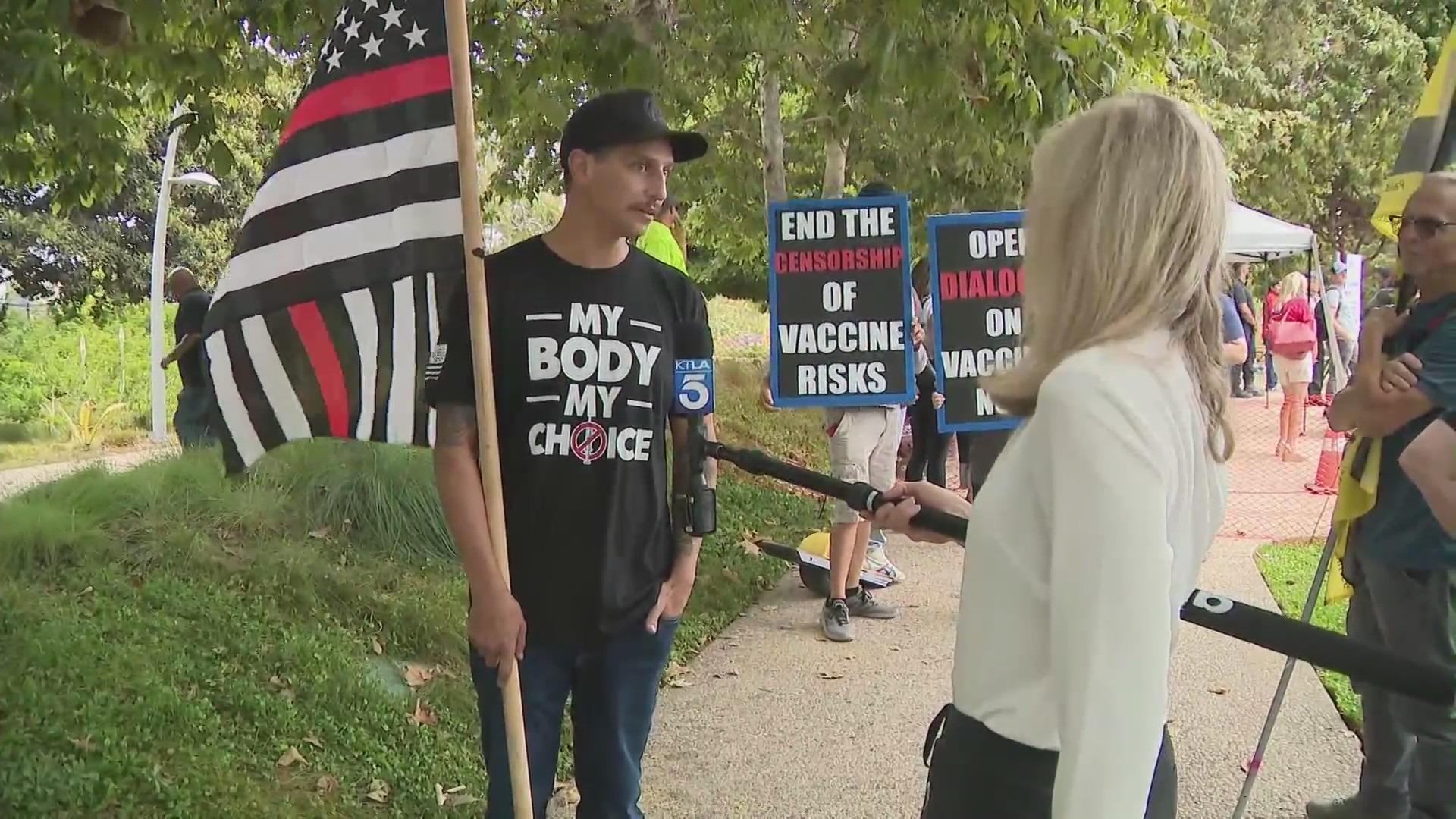 Los Angeles County Firefighter Evan Davis discusses his opposition to a vaccine mandate on Aug. 21, 2021. (KTLA)