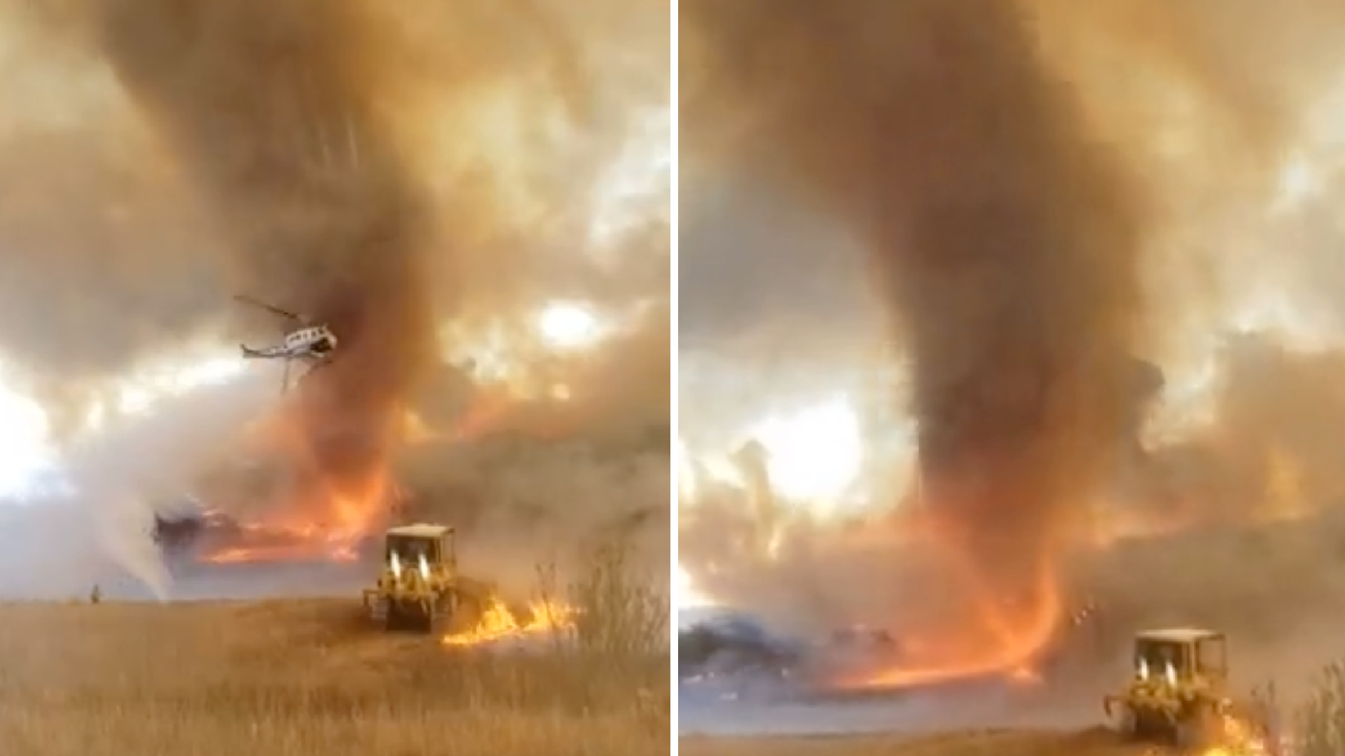 A fire whirl is seen in the Chaparral Fire burning in the in La Cresta area on Aug. 28, 2021. (Cy Phenice via CAL FIRE/Riverside County Fire Department)