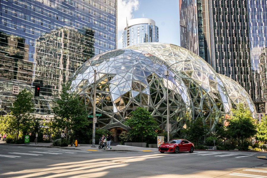 The exterior of The Spheres are seen at the Amazon.com Inc. headquarters on May 20, 2021 in Seattle. (David Ryder/Getty Images)