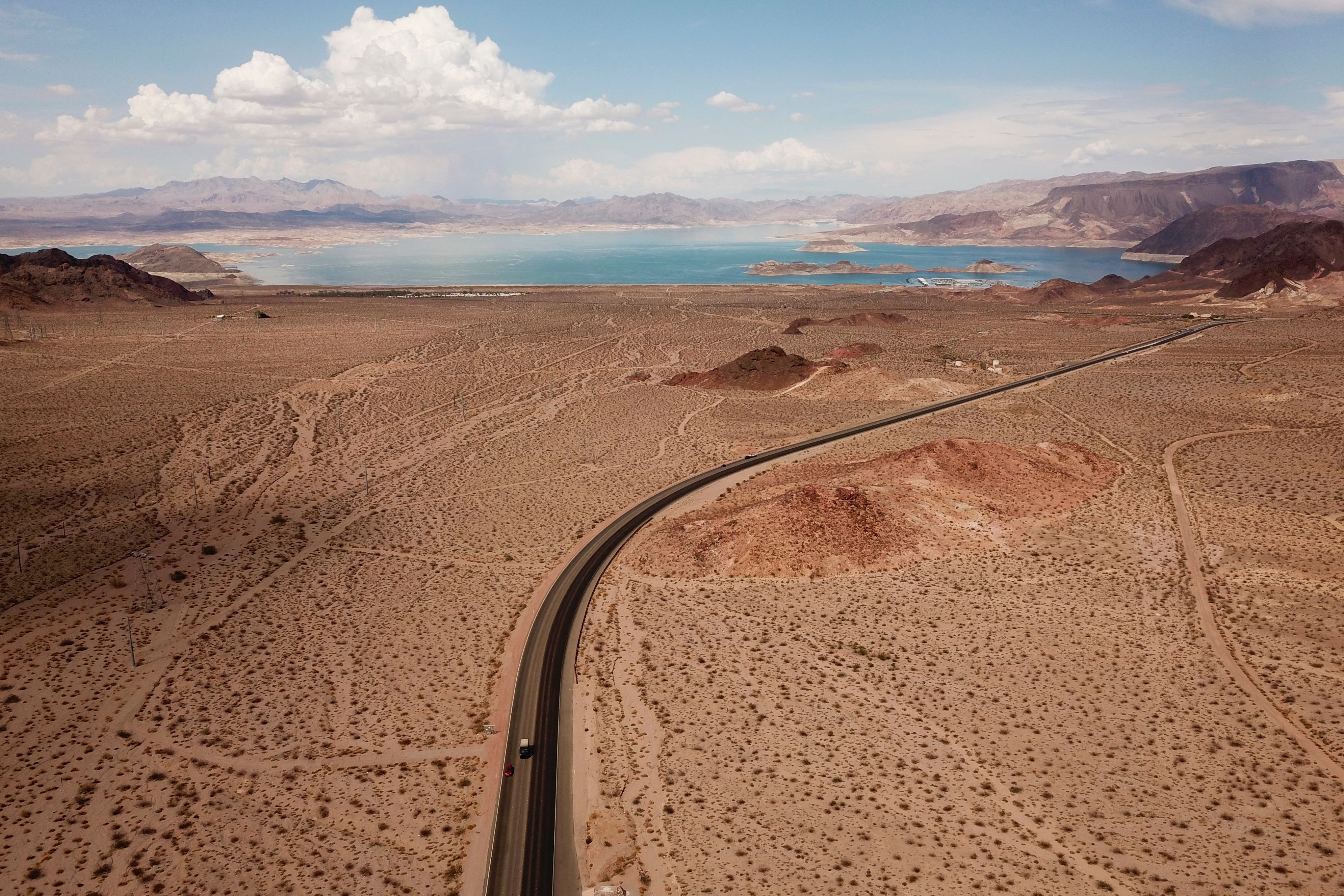 An aerial image shows Lake Mead on the Colorado River during low water levels due to the western drought on July 20, 2021 from Boulder City, Nevada. (PATRICK T. FALLON/AFP via Getty Images)