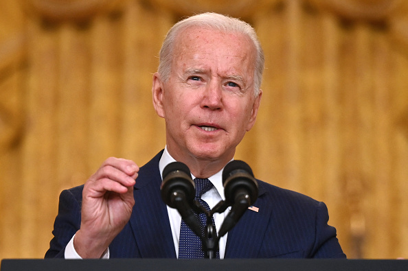 President Joe Biden delivers remarks on the terror attack at Hamid Karzai International Airport, and the U.S. service members and Afghan victims killed and wounded, in the East Room of the White House on August 26, 2021. (JIM WATSON/AFP via Getty Images)