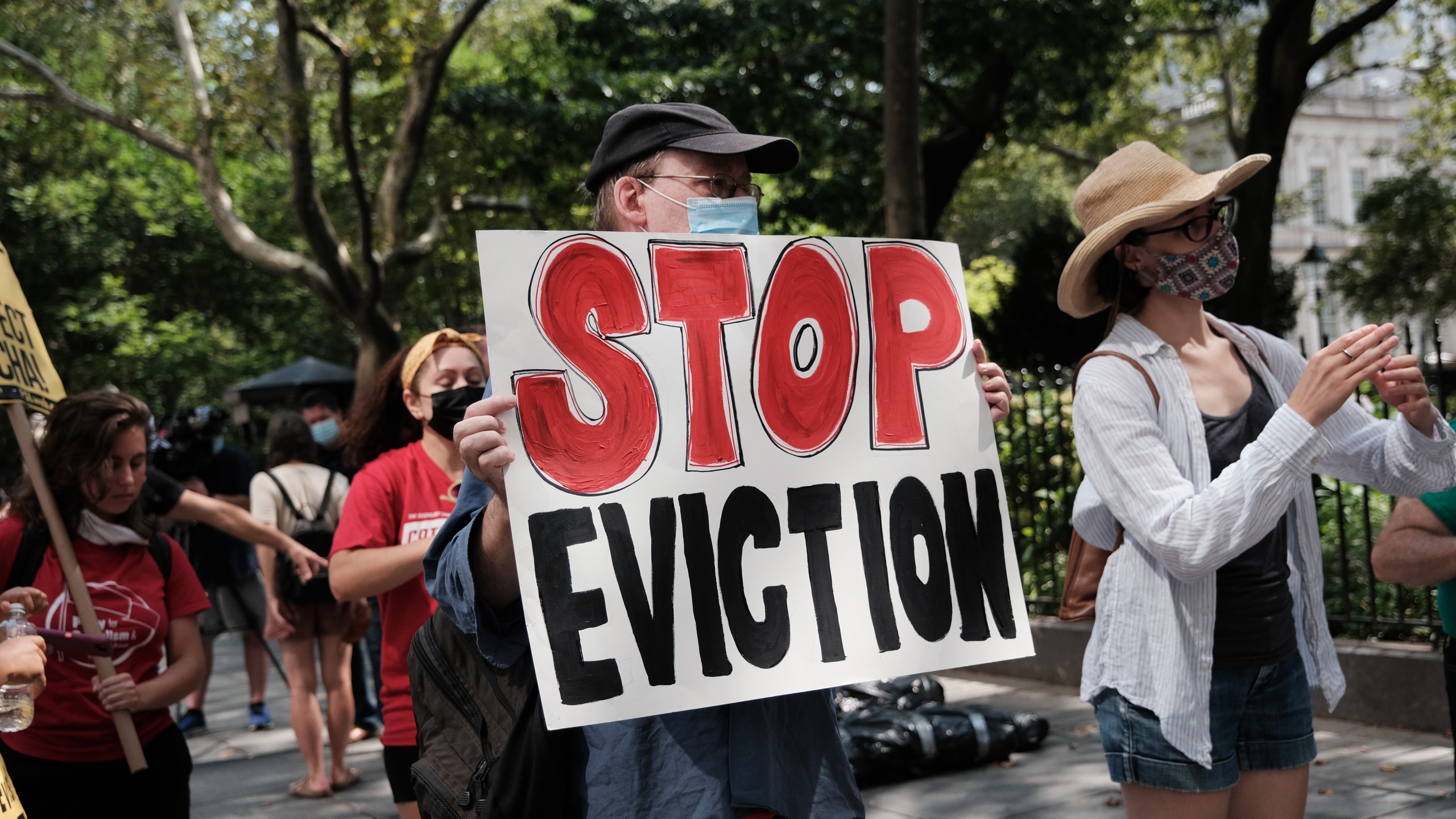 Activists hold a protest against evictions near City Hall on Aug. 11, 2021 in New York City. (Spencer Platt/Getty Images)