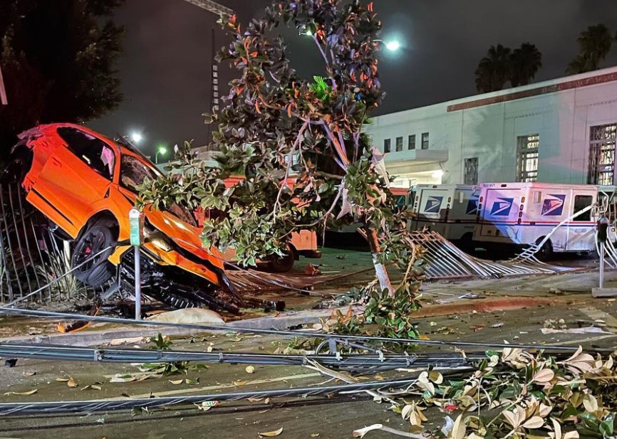 The LAPD's Hollywood Division documented a crashed Lamborghini caused by an alleged DUI on Aug. 21, 2021. (LAPD)