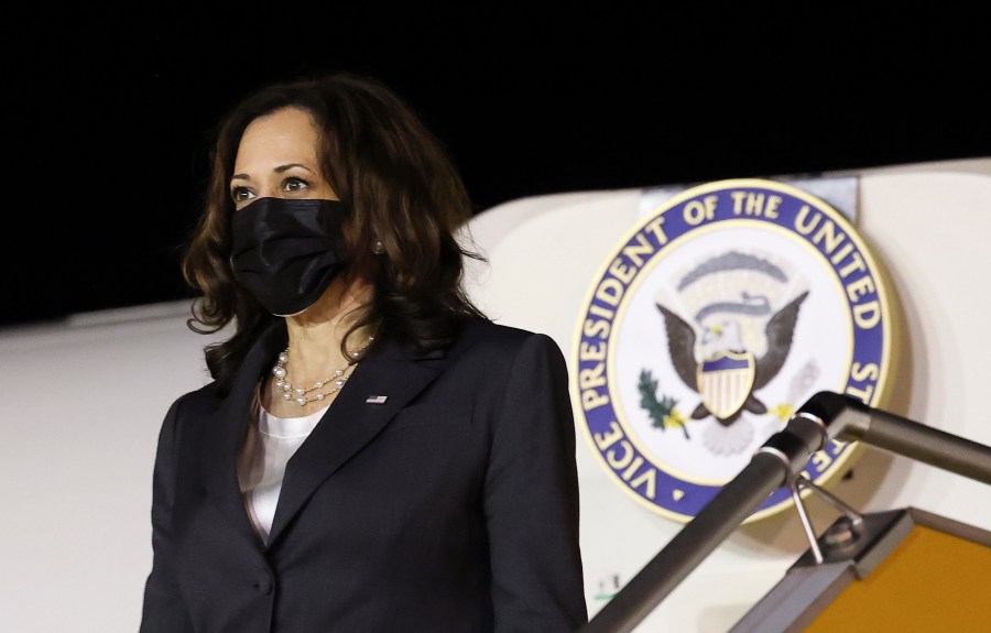 U.S. Vice President Kamala Harris arrives at the airport in Hanoi, Vietnam, Tuesday, Aug. 24, 2021. (Evelyn Hockstein/Pool Photo via AP)