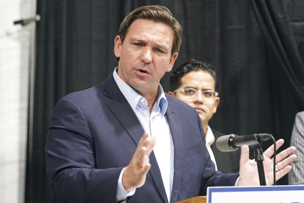 Florida Governor Ron DeSantis speaks at the opening of a monoclonal antibody site on Aug. 18, 2021, in Pembroke Pines, Fla. (Marta Lavandier/Associated Press)