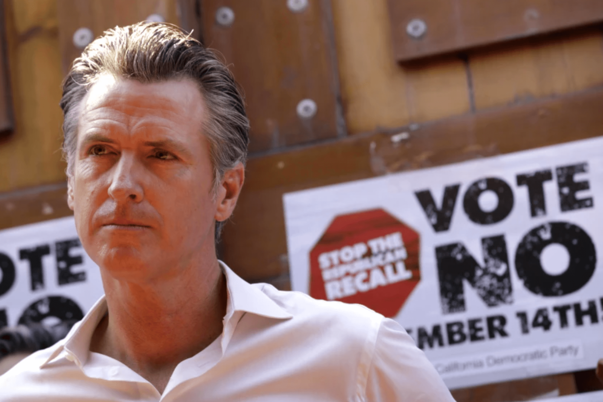 California Gov. Gavin Newsom meets with Latino leaders at an anti-recall event at Hecho en Mexico restaurant in East Los Angeles on Aug. 14, 2021.(Genaro Molina / Los Angeles Times)