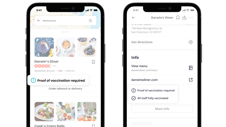 Yelp released this image of its “Proof of vaccination required” and “All staff fully vaccinated" app filter options on Aug. 5, 2021.