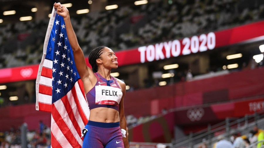 Allyson Felix of Team USA reacts after winning the bronze medal in the Women's 400m Final on day fourteen of the Tokyo 2020 Olympic Games at Olympic Stadium on August 06, 2021 in Tokyo, Japan. (Matthias Hangst/Getty Images)