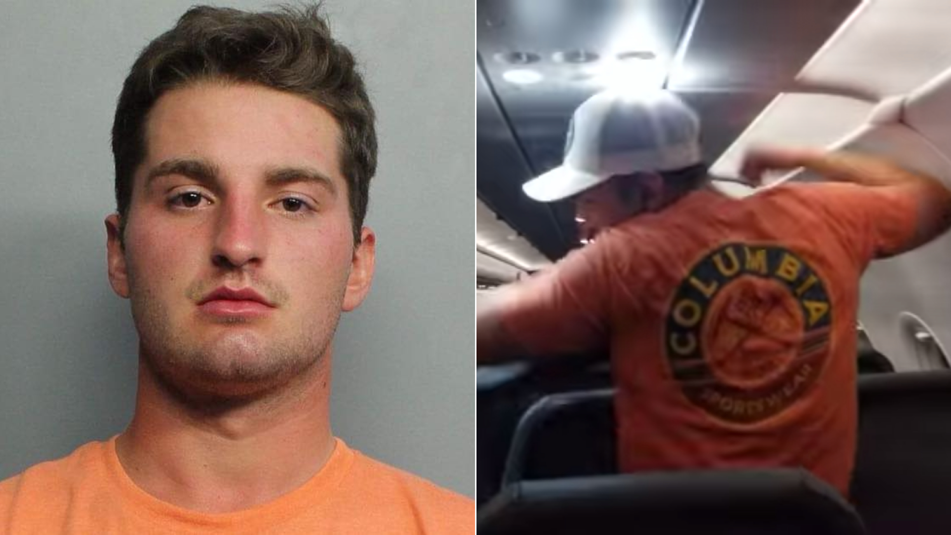 Maxwell Berry is seen, left, in a booking photo released by the Miami-Dade Police Department. At right, the man identified as Berry is seen aboard a Frontier Airlines flight to Miami in video captured by Alfredo Rivera.