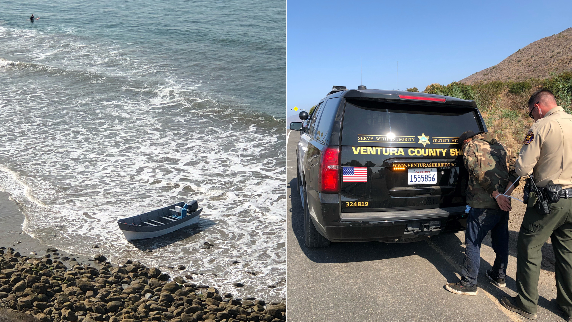 The panga boat and one person who was detained are shown in photos provided by the Ventura County Sheriff's Office on Aug. 12, 2021.