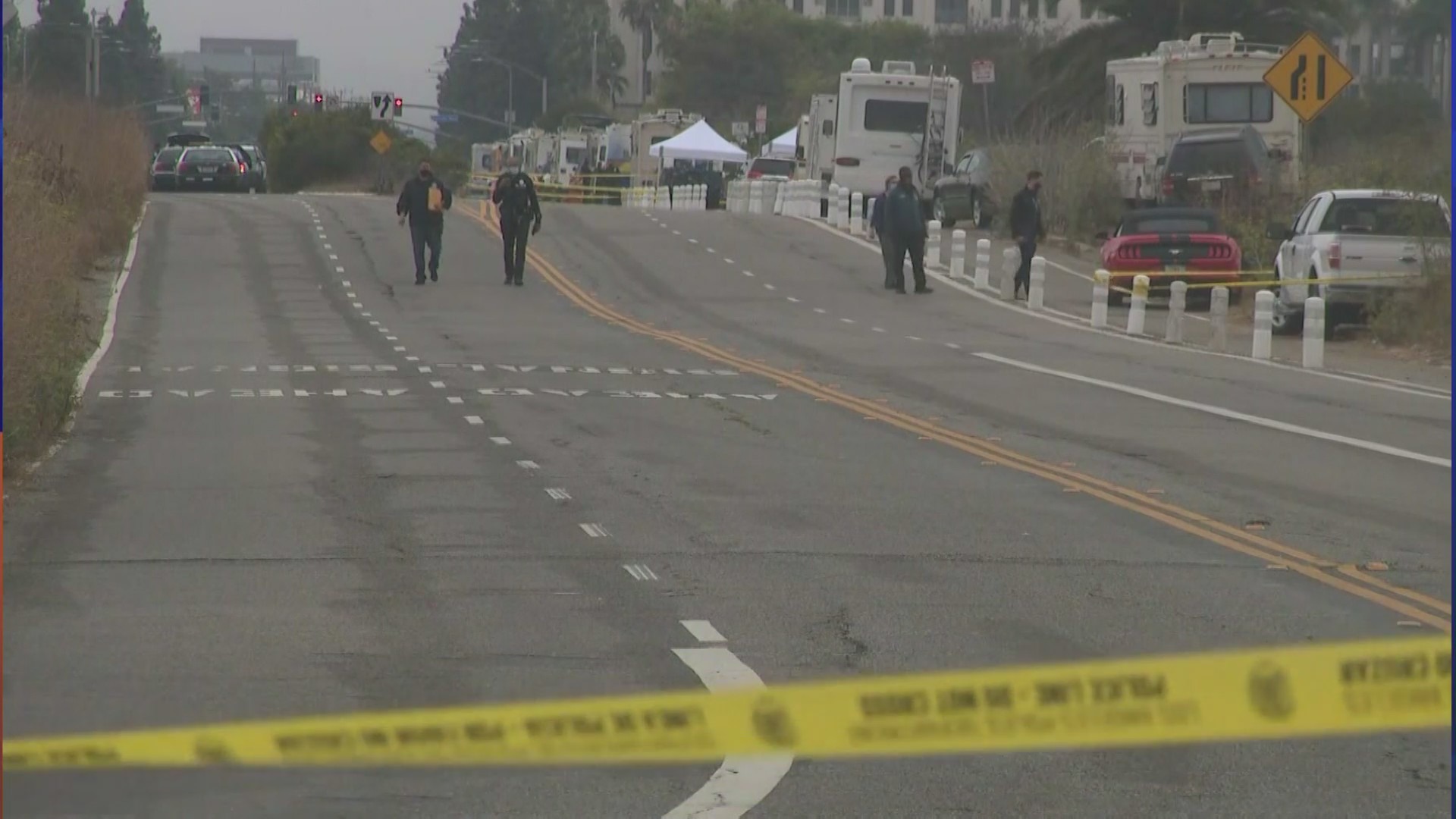 Four people believed to be homeless were wounded in a predawn shooting in Playa del Rey on Aug. 18, 2021. (KTLA)