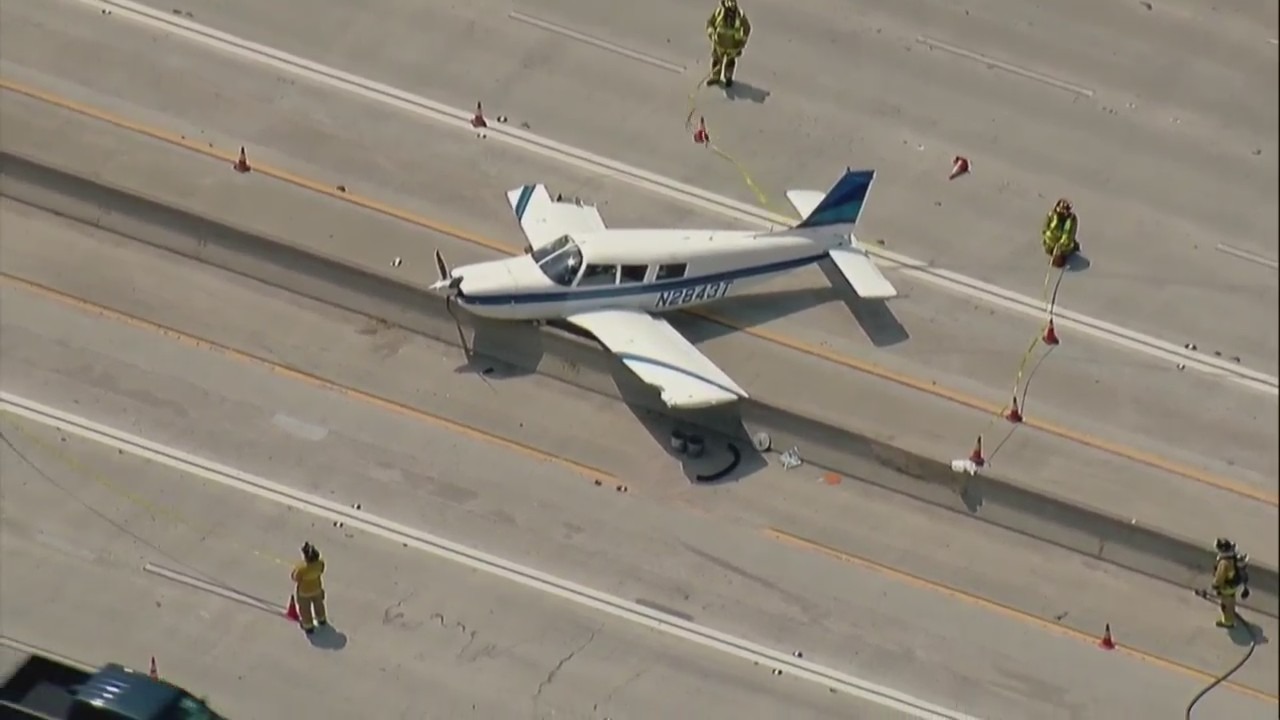 A small plane landed on the 5 Freeway in Del Mar in San Diego County on Aug. 24, 2021. (KSWB)