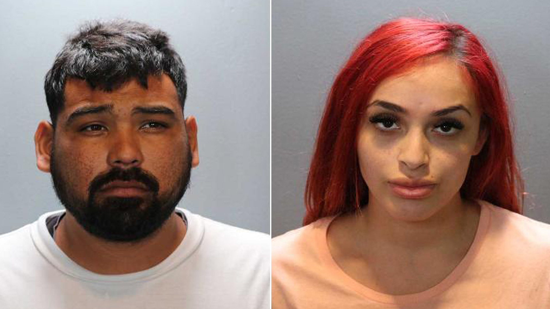 Jose PerezOrtiz (L) and Valerie Aguirre (R) are seen in booking photos released by the Orange County Sheriff's Department on Aug. 10, 2021.