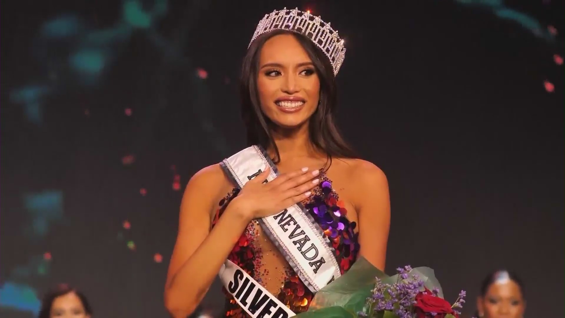 Kataluna Enriquez is seen during the Miss Nevada USA pageant in a a photo shared to KTLA.