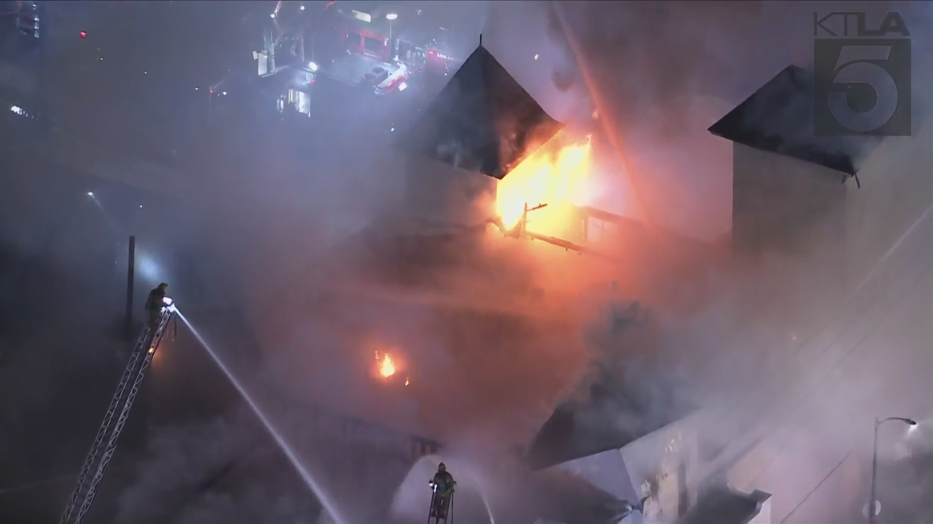 A greater alarm structure fire broke out at a two story church near downtown Los Angeles Friday evening. (KTLA)