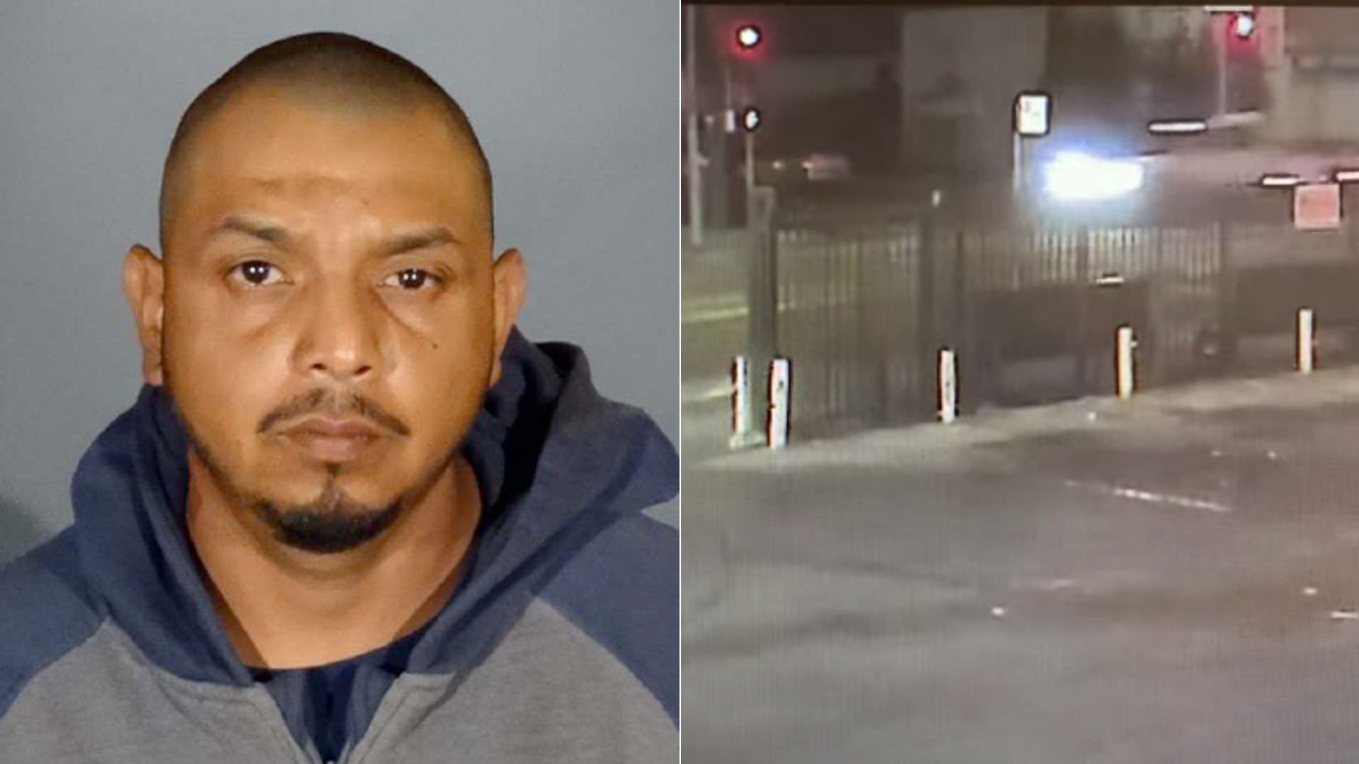 Javier Garcia is shown in a photo released by the LAPD on Aug. 26, 2021. On the right, surveillance video of an Aug. 11 fatal hit-and-run crash.