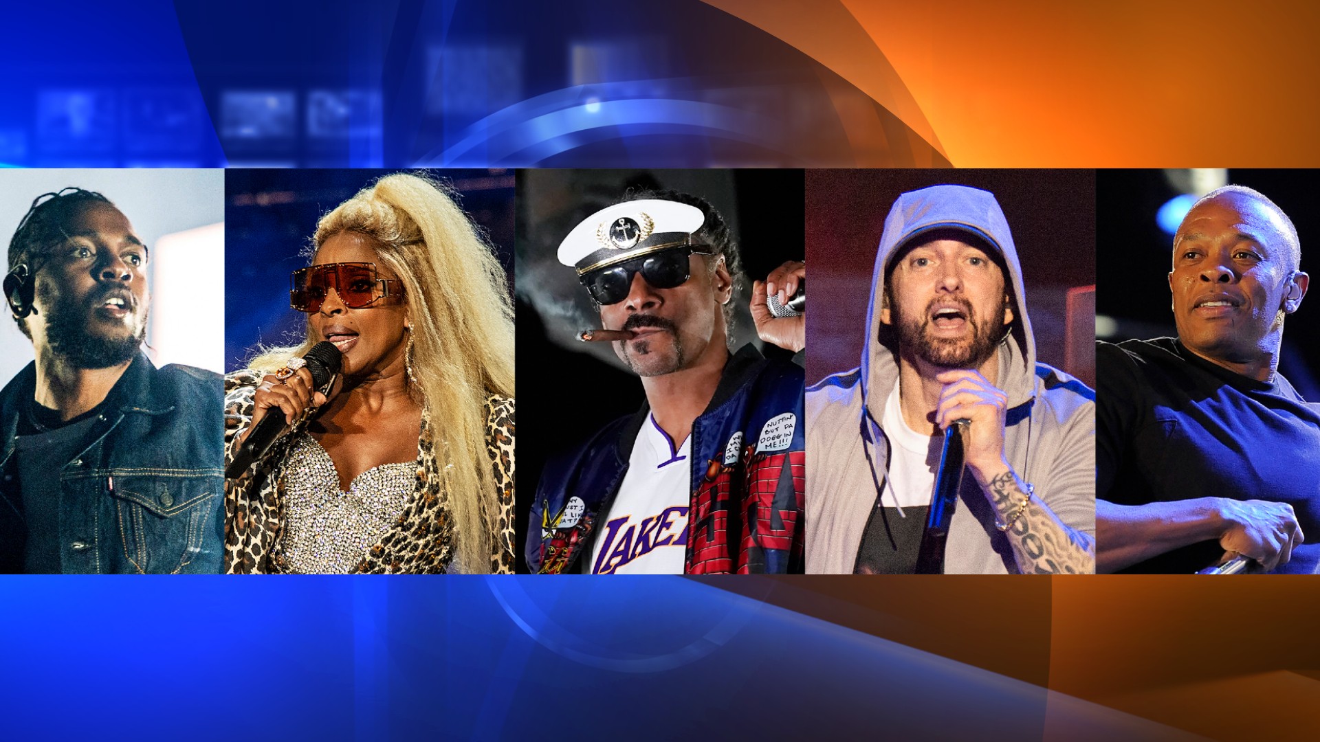 This combination of photos shows, from left, Kendrick Lamar, Mary J. Blige, Snoop Dogg, Eminem and Dr, Dre, who will perform for the first time together on stage at the 2022 Pepsi Super Bowl Halftime Show. (AP Photo)