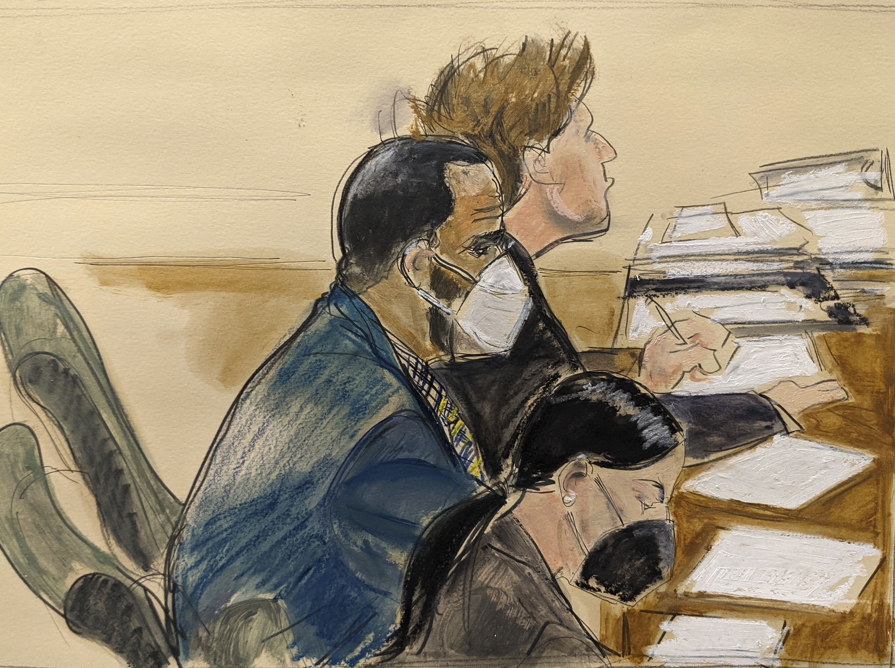 In this courtroom artist's sketch R. Kelly, left, listens during his trial in New York on Aug. 26, 2021. (AP Photo/Elizabeth Williams)