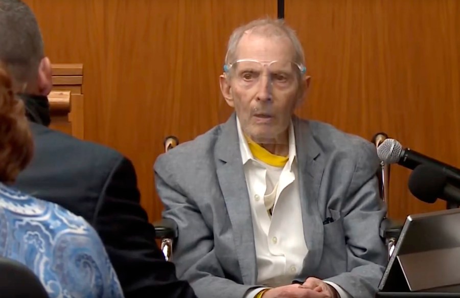 In this still image taken from the Law & Crime Network court video, real estate heir Robert Durst answers questions while taking the stand during his murder trial on Aug. 31, 2021, in Los Angeles County Superior Court in Inglewood, Calif. (Law & Crime Network via AP, Pool)