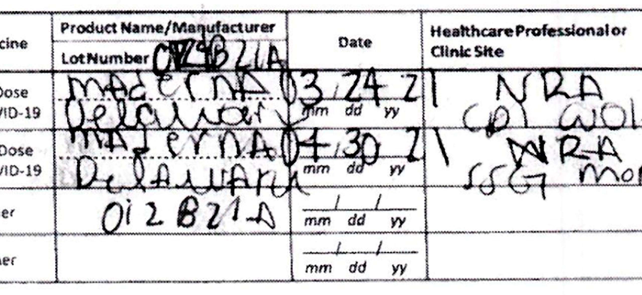 This document provided by the Hawaii Attorney General's Office shows a fake COVID-19 Vaccination Record Card from a tourist visiting Hawaii. The Illinois woman submitted the fake card to avoid Hawaii's 10-day traveler quarantine, according to authorities, but there a glaring spelling error that led to her arrest: Moderna was misspelled "Maderna." (Hawaii Attorney General's Office via AP)