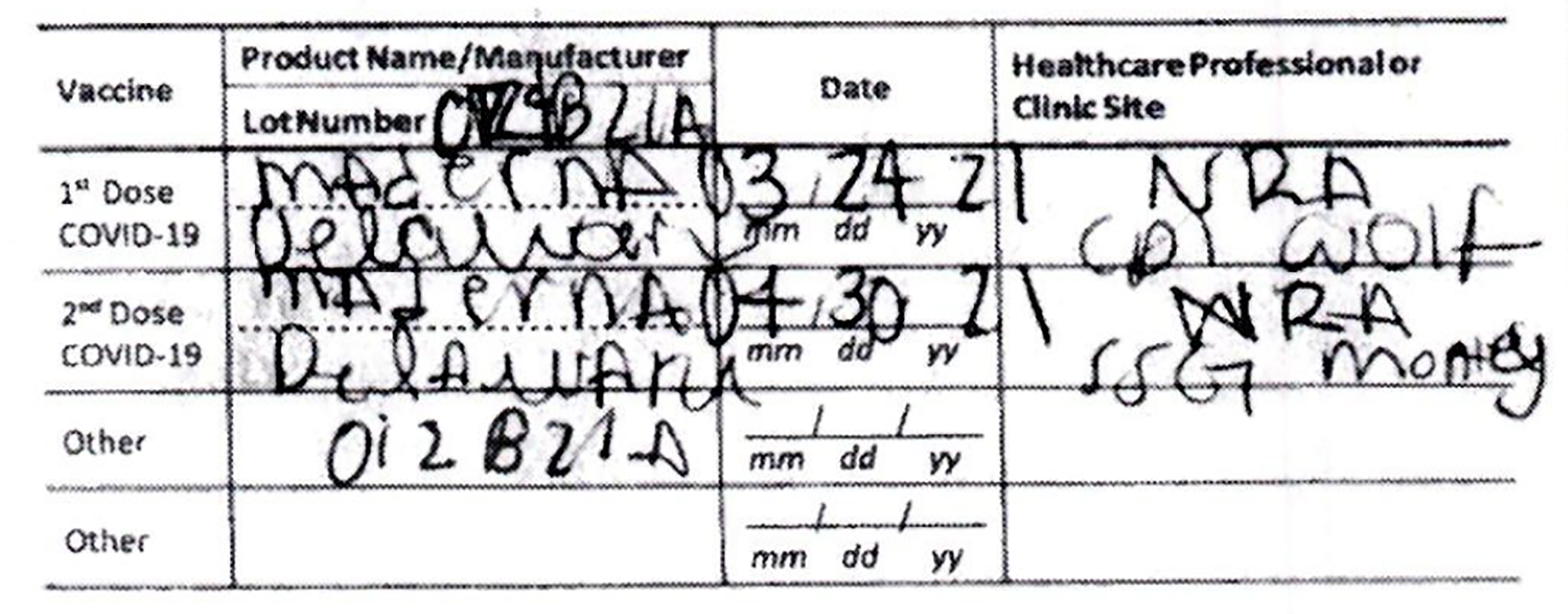 This document provided by the Hawaii Attorney General's Office shows a fake COVID-19 Vaccination Record Card from a tourist visiting Hawaii. The Illinois woman submitted the fake card to avoid Hawaii's 10-day traveler quarantine, according to authorities, but there a glaring spelling error that led to her arrest: Moderna was misspelled "Maderna." (Hawaii Attorney General's Office via AP)