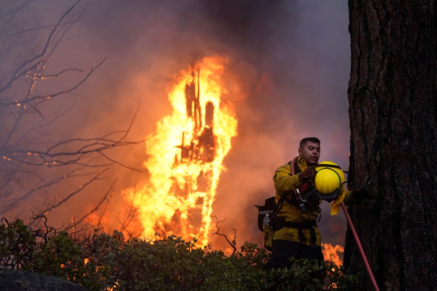 Firefighter Elroy Valadez adjusts his helmet while trying to put out a spot fire from the Caldor Fire burning along Highway 89 near South Lake Tahoe, Calif., Thursday, Sept. 2, 2021. (AP Photo/Jae C. Hong)