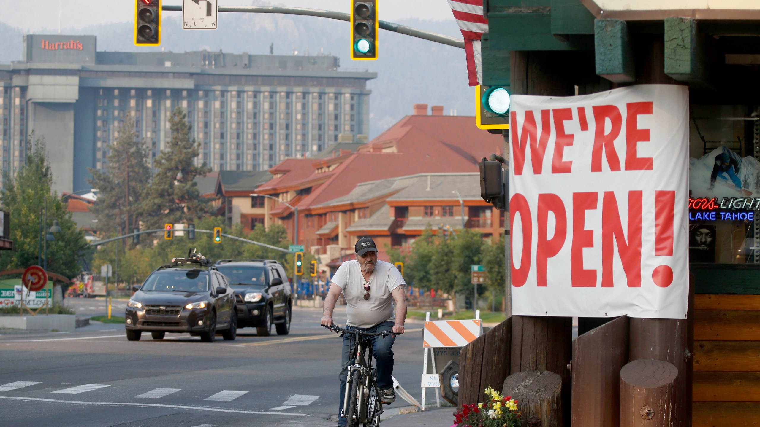 Traffic flows along Highway 50 near Stateline, Nev., as residents begin to return to South Lake Tahoe, Calif., on Sunday, Sept. 5, 2021. (Jane Tyska/Bay Area News Group via AP)