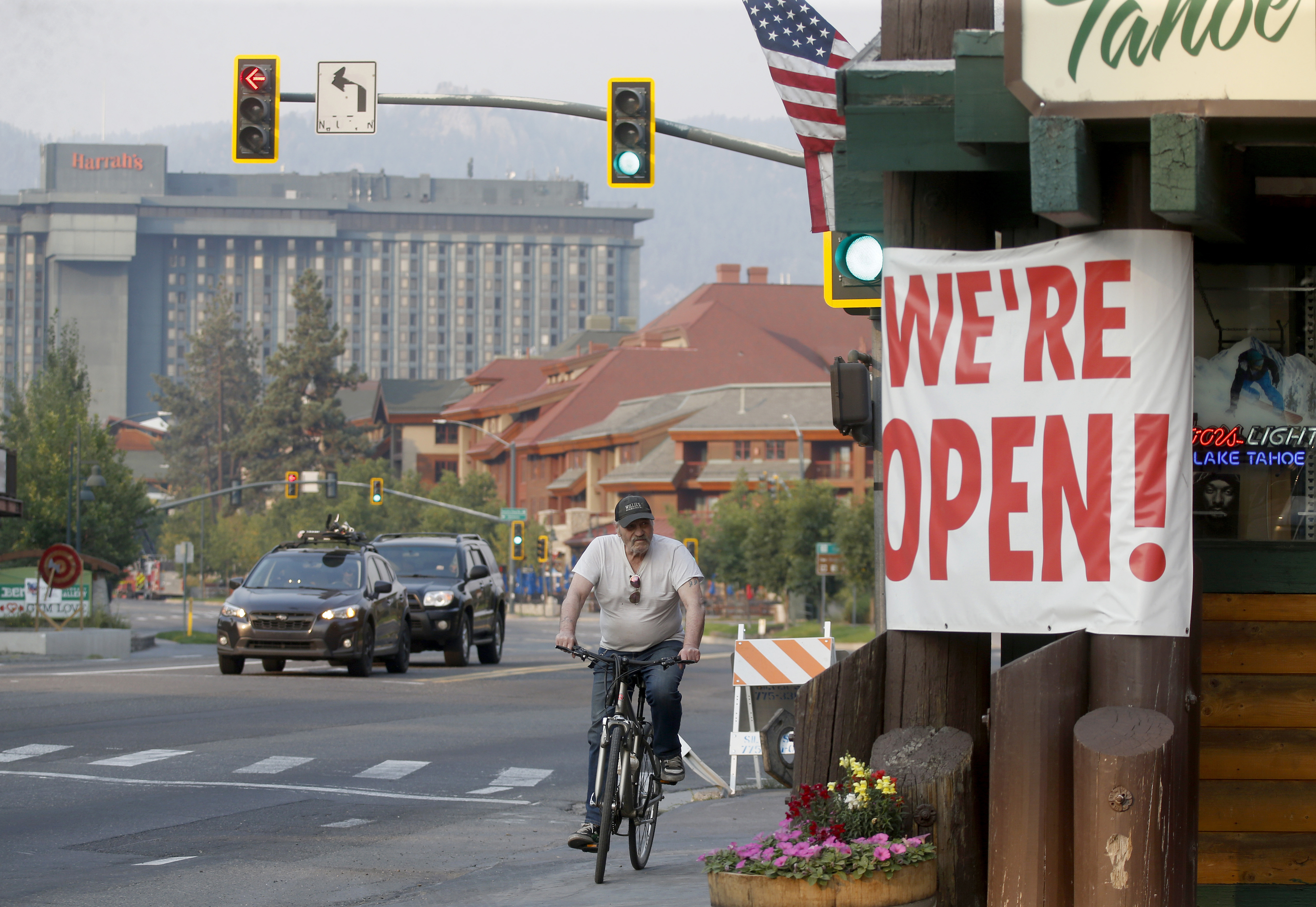 Traffic flows along Highway 50 near Stateline, Nev., as residents begin to return to South Lake Tahoe, Calif., on Sunday, Sept. 5, 2021. (Jane Tyska/Bay Area News Group via AP)