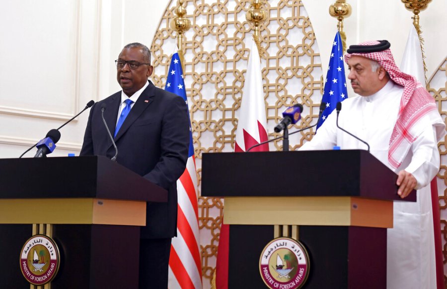 US Secretary of Defense Lloyd Austin speaks during a joint press conference at the Ministry of Foreign Affairs in Doha, Qatar, Tuesday, Sept. 7, 2021. (Olivier Douliery/Pool Photo via AP)