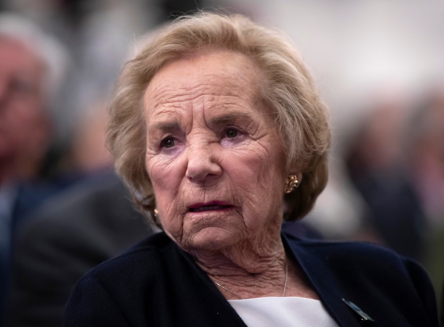 In this June 5, 2018 file photograph, Ethel Kennedy, widow of Senator Robert F. Kennedy who was assassinated during his 1968 presidential campaign, watches a video about her late husband during the Robert F. Kennedy Human Rights awards ceremony on Capitol Hill. (J. Scott Applewhite/Associated Press)