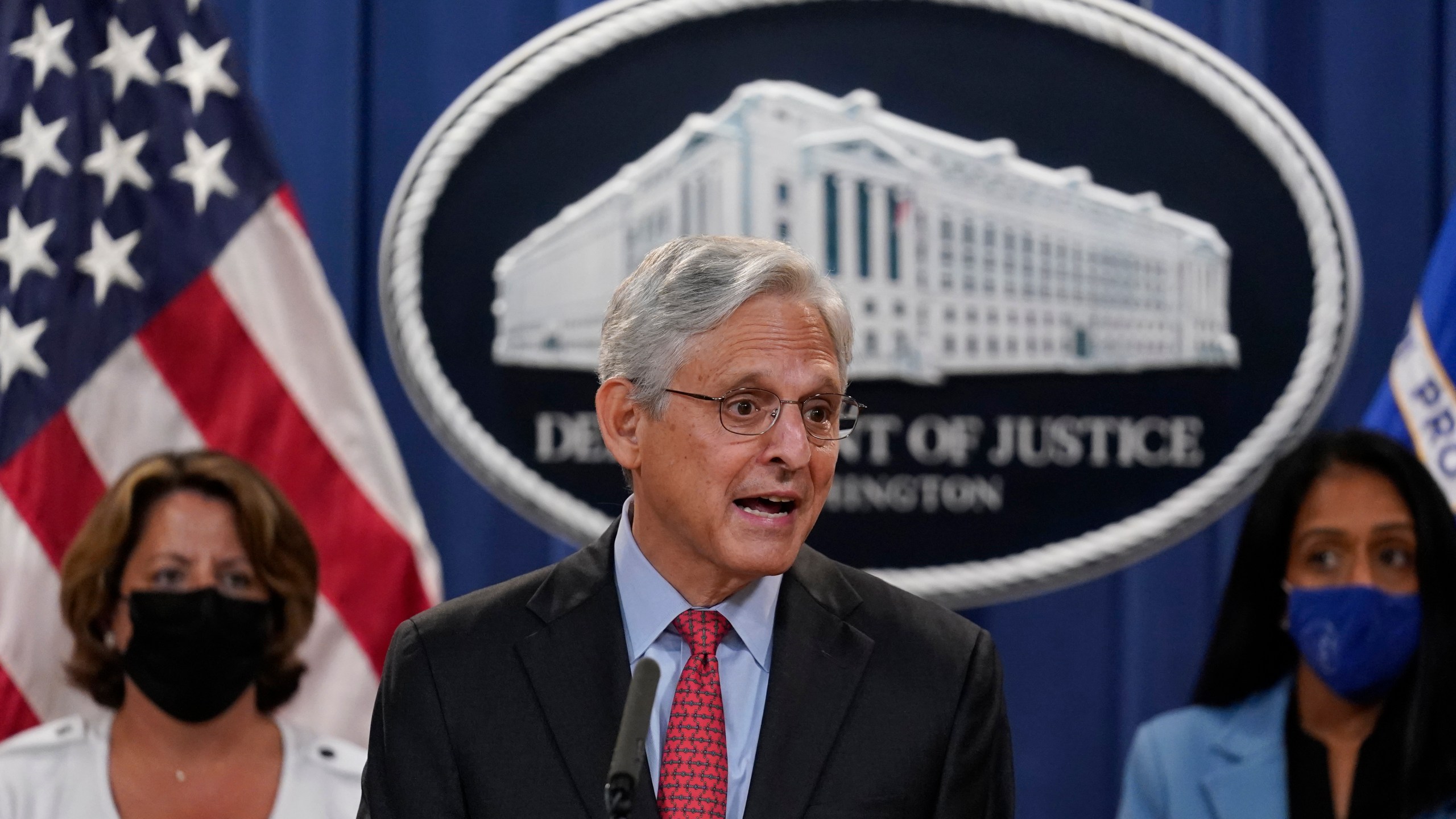 Attorney General Merrick Garland announces a lawsuit to block the enforcement of new Texas law that bans most abortions at the Justice Department in Washington, Thursday, Sept. 9, 2021. (AP Photo/J. Scott Applewhite)