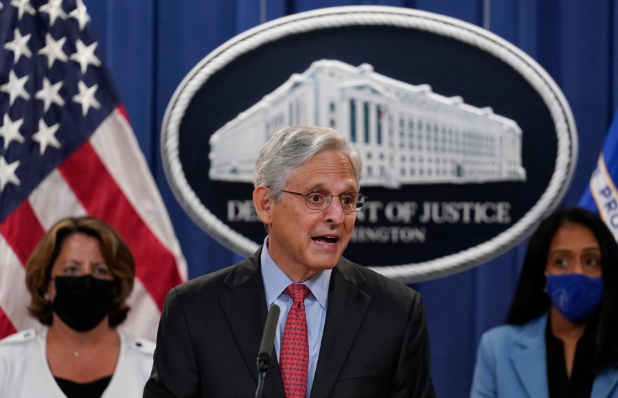 Attorney General Merrick Garland announces a lawsuit to block the enforcement of new Texas law that bans most abortions at the Justice Department in Washington, Thursday, Sept. 9, 2021. (AP Photo/J. Scott Applewhite)