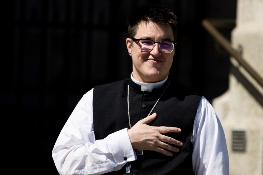 Bishop Megan Rohrer speaks to the press before their installation ceremony at Grace Cathedral in San Francisco, Saturday, Sept. 11, 2021. Rohrer is the first openly transgender person elected as bishop in the Evangelical Lutheran Church of America. (AP Photo/John Hefti)