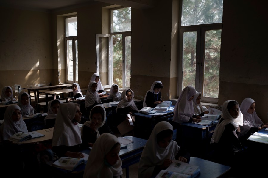 Girls prepare for class at a school in Kabul, Afghanistan, Sunday, Sept. 12, 2021. (AP Photo/Felipe Dana)Girls prepare for class at a school in Kabul, Afghanistan, Sunday, Sept. 12, 2021. (AP Photo/Felipe Dana)