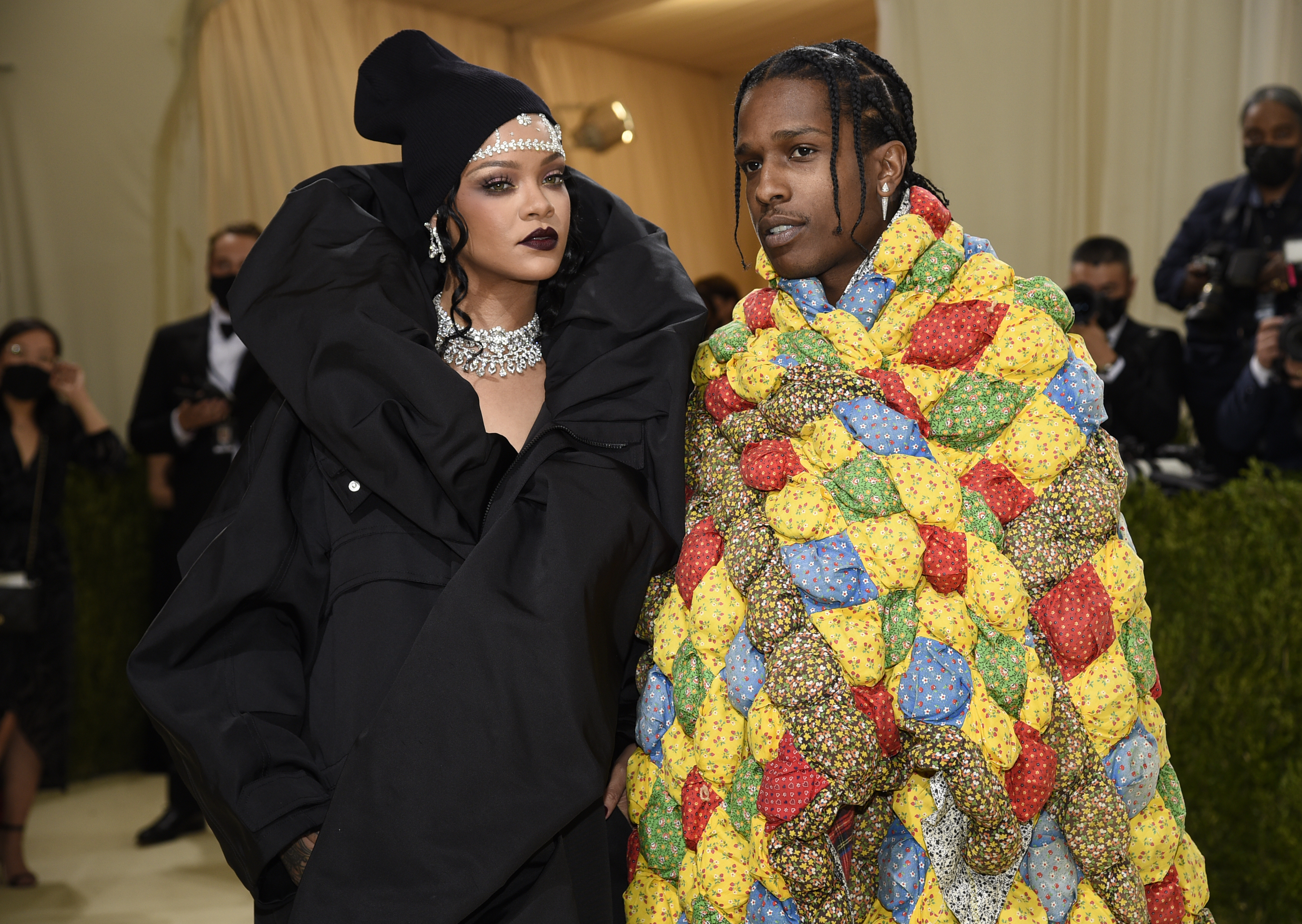 Rihanna, left, and A$AP Rocky attend The Metropolitan Museum of Art's Costume Institute benefit gala celebrating the opening of the "In America: A Lexicon of Fashion" exhibition on Sept. 13, 2021, in New York. (Evan Agostini/Invision/AP)