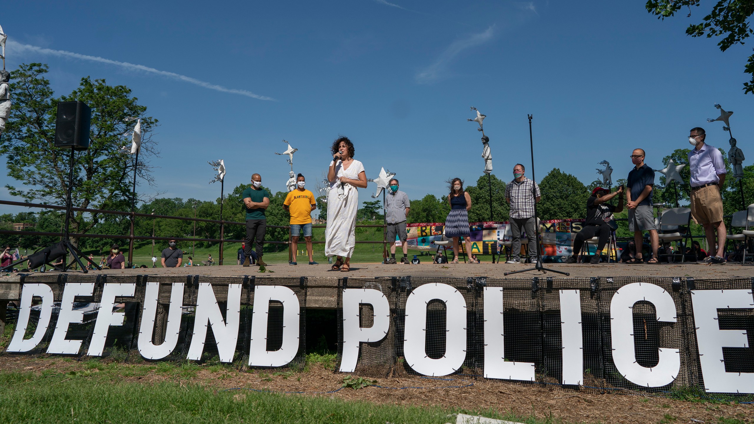 In this June 7, 2020, file photo, Alondra Cano, a city council member, speaks during "The Path Forward" meeting at Powderhorn Park in Minneapolis, which was organized to talk about the defunding of the Minneapolis Police Department. (Jerry Holt/Star Tribune via Associated Press)