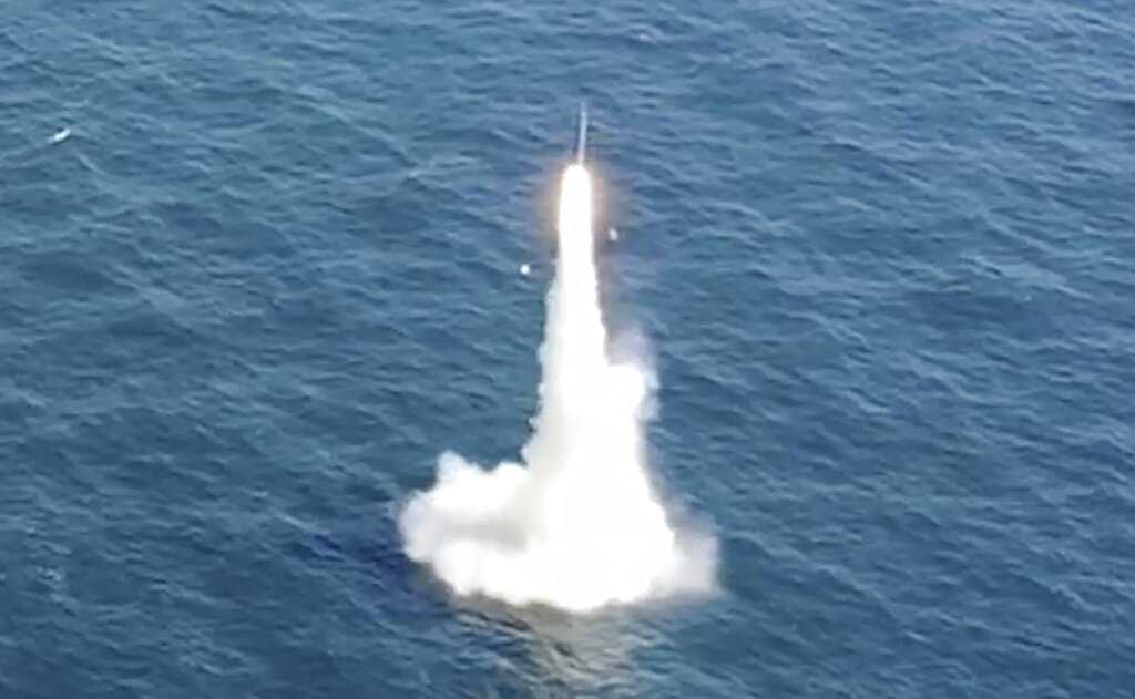 In this image taken from video provided by the South Korea Defense Ministry, South Korea's first underwater-launched ballistic missile is test-fired from a 3,000-ton-class submarine at an undisclosed location in the waters of South Korea, Wednesday, Sept. 15, 2021. (South Korea Defense Ministry via AP)