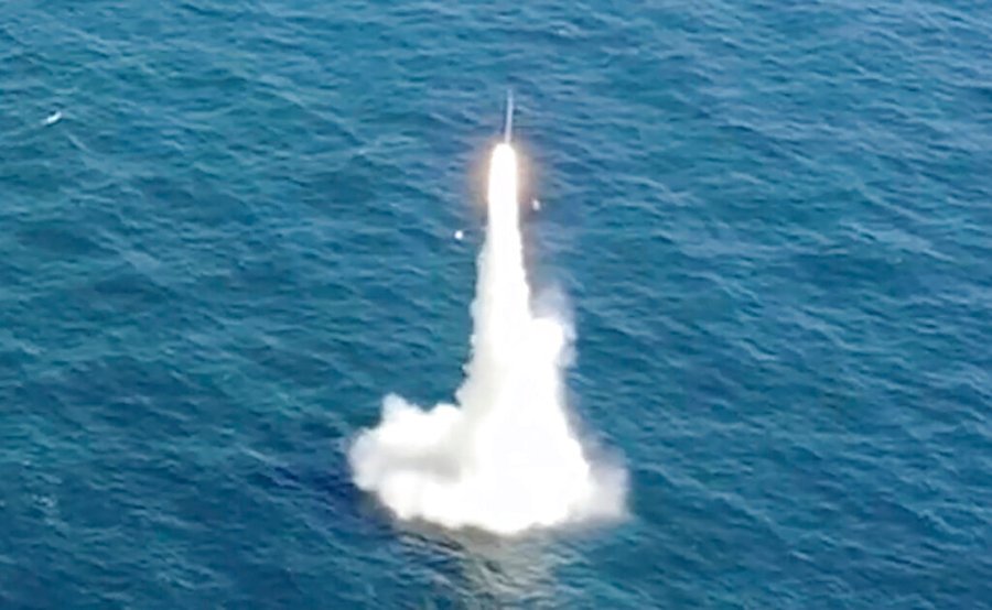 In this image taken from video provided by the South Korea Defense Ministry, South Korea's first underwater-launched ballistic missile is test-fired from a 3,000-ton-class submarine at an undisclosed location in the waters of South Korea, Wednesday, Sept. 15, 2021. (South Korea Defense Ministry via AP)